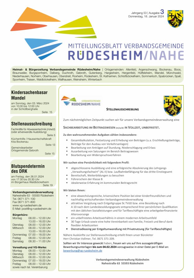 Mitteilungsblatt Verbandsgemeinde Rüdesheim und zugehörige Ortsgemeinden Titelblatt 03/2024
