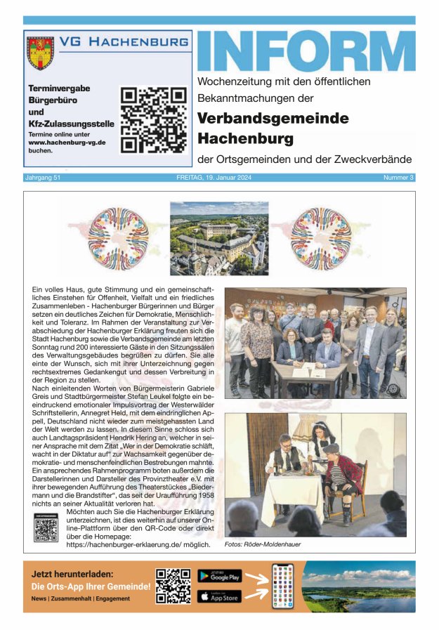 INFORM - Wochenzeitung der Verbandsgemeinde Hachenburg Titelblatt 03/2024