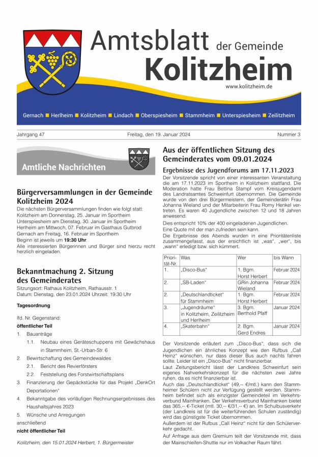 Amtsblatt der Gemeinde Kolitzheim Titelblatt 03/2024