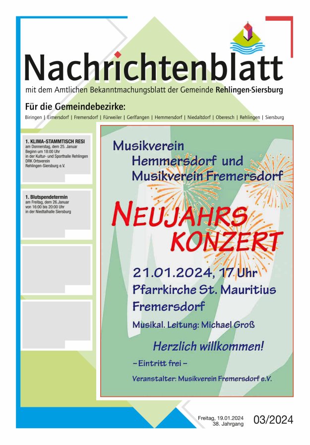 Nachrichtenblatt Rehlingen-Siersburg Titelblatt 03/2024