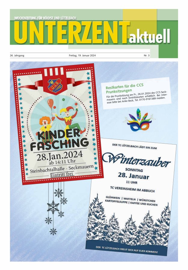 Unterzent aktuell Wochenzeitung für Höchst und Lützelbach Titelblatt 03/2024