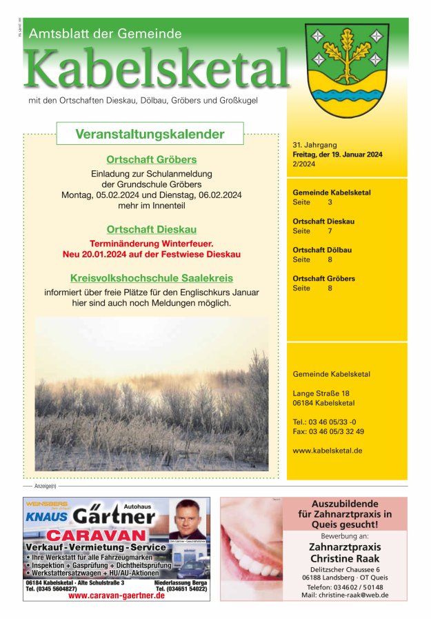 Amtsblatt der Gemeinde Kabelsketal mit den Ortsteilen Titelblatt 02/2024