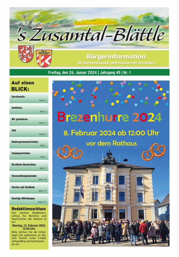 's Zusamtal-Blättle Bürgerinformationen für Ziemetshausen und Aichen mit OTen Titelblatt 01/2024