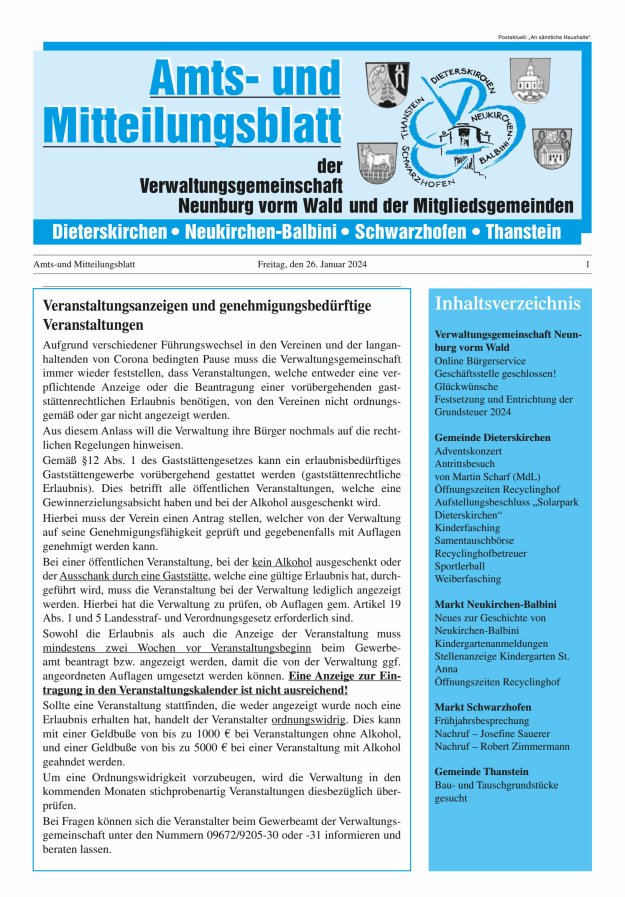 Amts- u Mitteilungsblatt der VG Neunburg vorm Wald u d Mitgliedsgemeinden Titelblatt 01/2024
