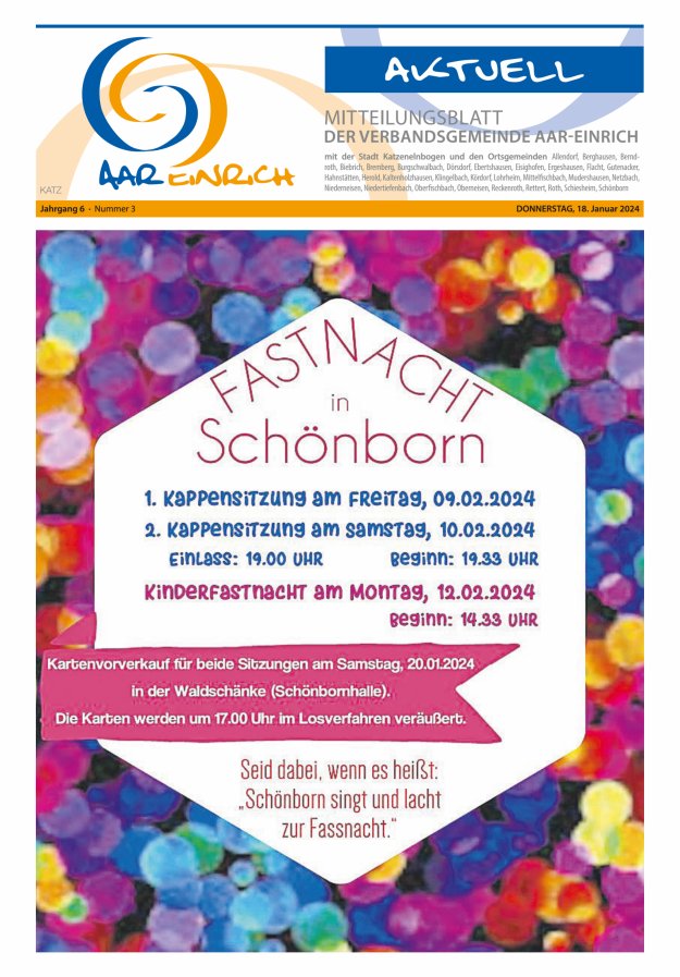 Mitteilungsblatt der Verbandsgemeinde Aar-Einrich Ausgabe Katzenelnbogen Titelblatt 03/2024