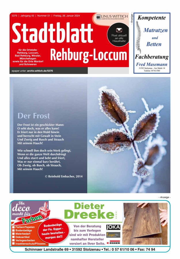 Stadtblatt Rehburg-Loccum Titelblatt 01/2024