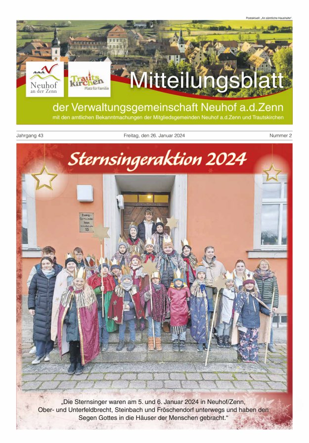 Mitteilungsblatt der Verwaltungsgemeinschaft Neuhof an der Zenn mit den amtlichen Bekanntmachungen der Mitgliedsgemeinden Neuhof an der Zenn und Trautskirchen Titelblatt 02/2024