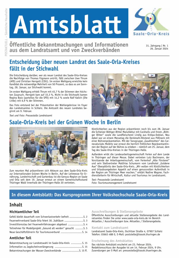 Amtsblatt des Saale-Orla-Kreises Titelblatt 01/2024