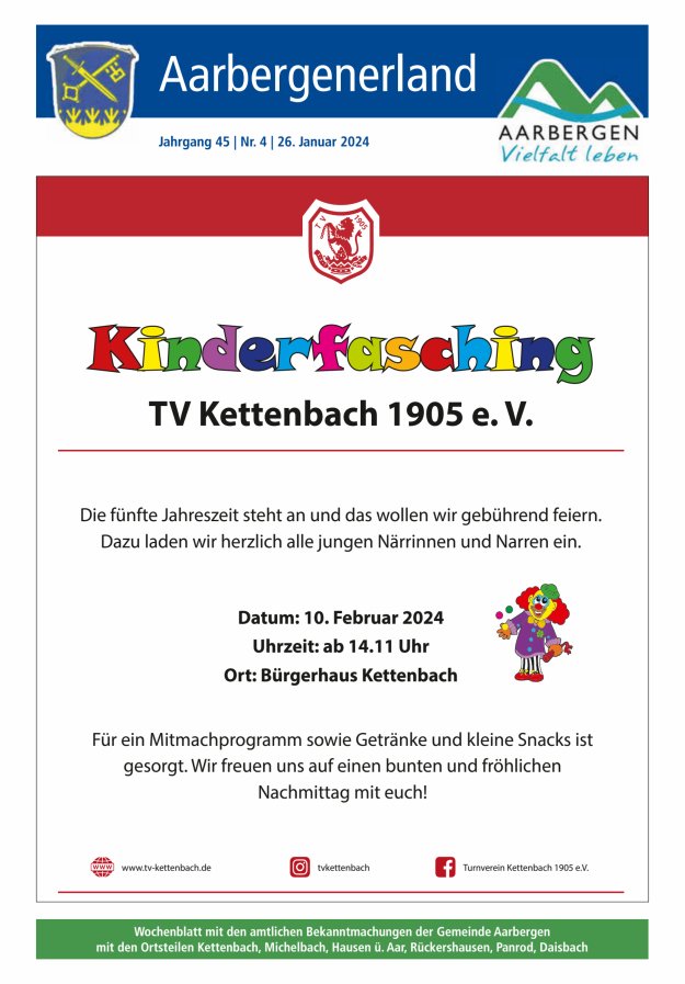 Aarbergenerland - Wochenblatt mit den amtlichen Bekanntmachungen Titelblatt 04/2024