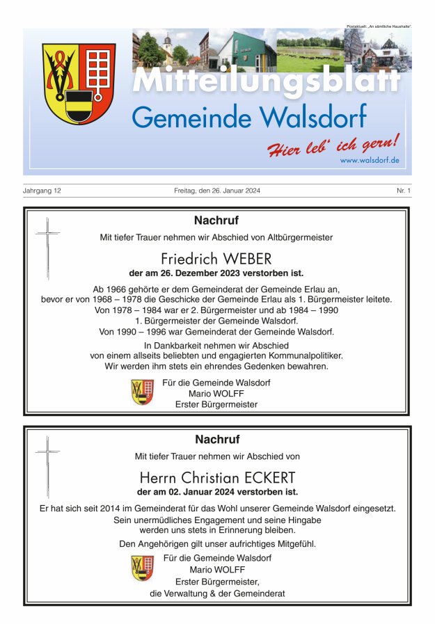 Mitteilungsblatt Gemeinde Walsdorf Titelblatt 01/2024