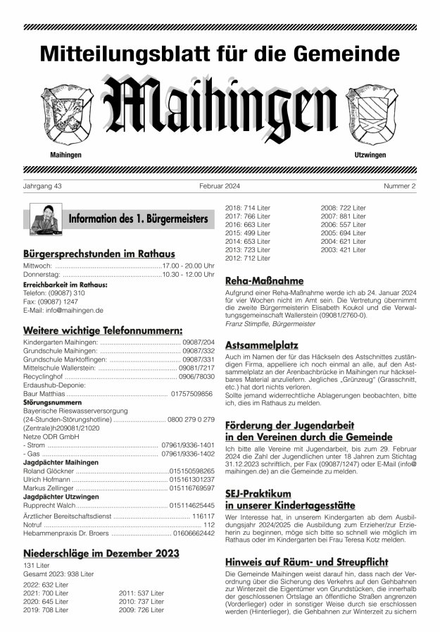 Mitteilungsblatt für die Gemeinde Maihingen Titelblatt 02/2024