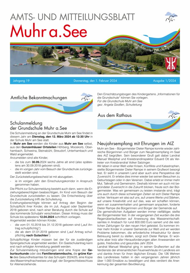 Muhrer Heimatbrief Amts- u Mitteilungsblatt der Gemeinde Muhr a See Titelblatt 01/2024