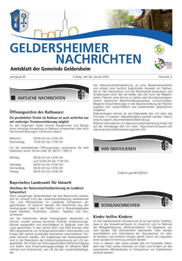 Geldersheimer Nachrichten Amtsblatt der Gemeinde Geldersheim Titelblatt 04/2024