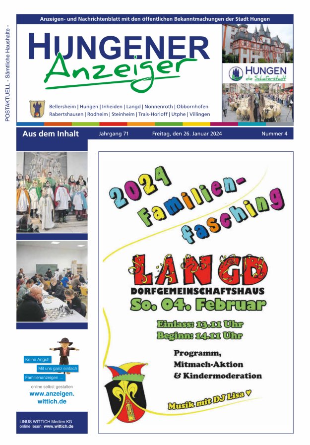 Anzeigen- und Nachrichtenblatt mit den öff  Bekanntmachungen der Stadt Hungen Titelblatt 04/2024