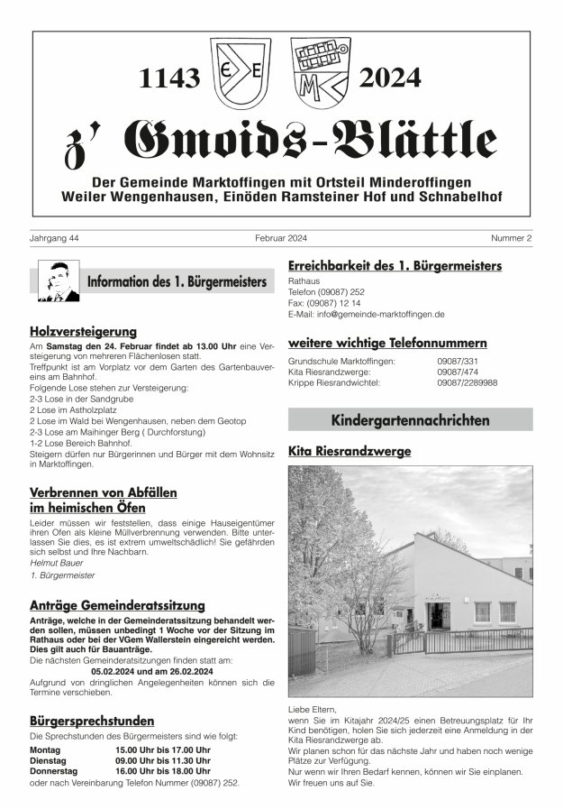 z'Gmoids-Blättle der Gemeinde Marktoffingen mit Ortsteilen Titelblatt 02/2024