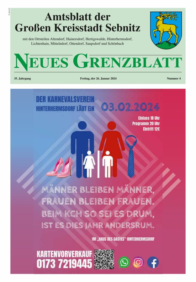Amtsblatt der Großen Kreisstadt Sebnitz mit den Ortsteilen Titelblatt 04/2024