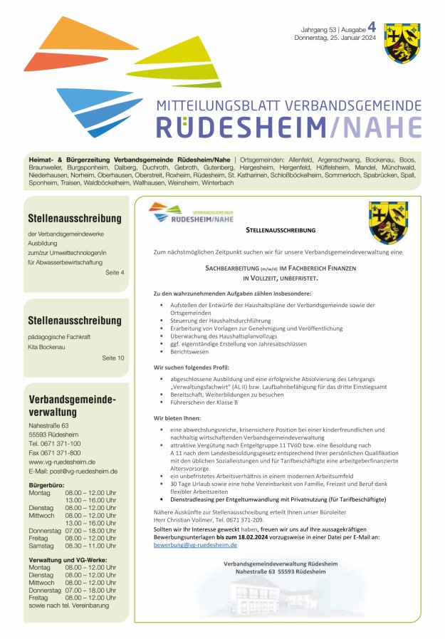 Mitteilungsblatt Verbandsgemeinde Rüdesheim und zugehörige Ortsgemeinden Titelblatt 04/2024