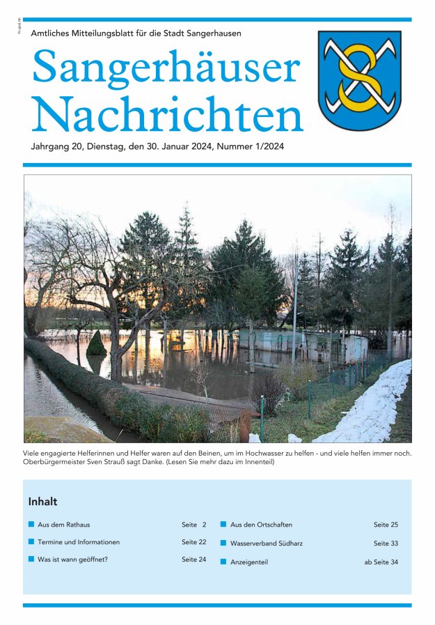 Sangerhäuser Nachrichten – Amtliches Mitteilungsblatt für die Stadt Sangerhausen Titelblatt 01/2024