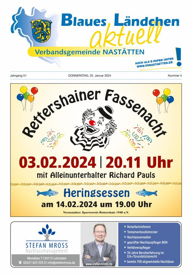 Blaues Ländchen aktuell - Heimat- u Bürgerzeitung VG Nastätten Titelblatt 04/2024