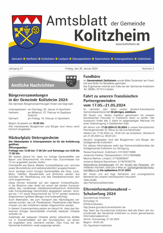 Amtsblatt der Gemeinde Kolitzheim Titelblatt 04/2024