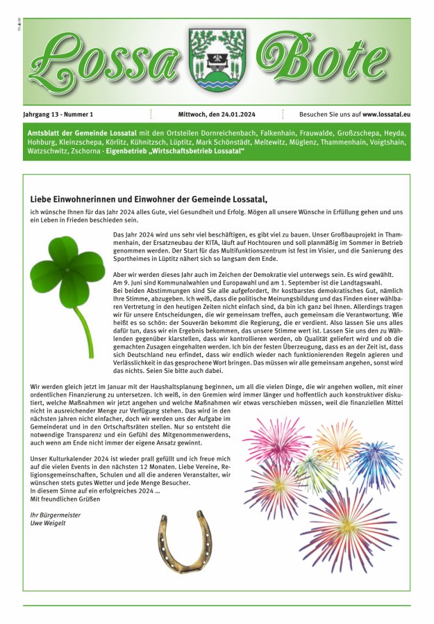 Amtsblatt Lossa Bote - Gemeinde Lossatal mit den Ortsteilen Titelblatt 01/2024