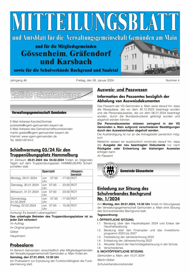 Mitteilungsblatt der VG Gemünden a Main Titelblatt 04/2024