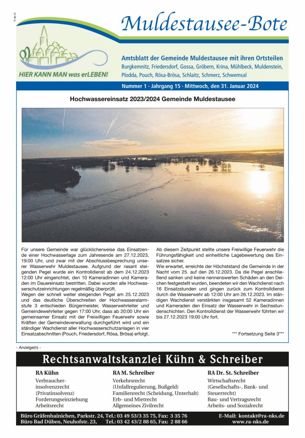 Muldestausee-Bote – Amtsblatt der Gemeinde Muldestausee mit ihren Ortsteilen Titelblatt 01/2024