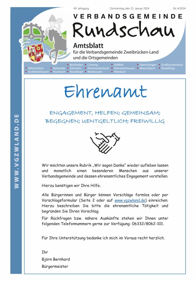 Verbandsgemeinde Rundschau Zweibrücken-Land Titelblatt 04/2024