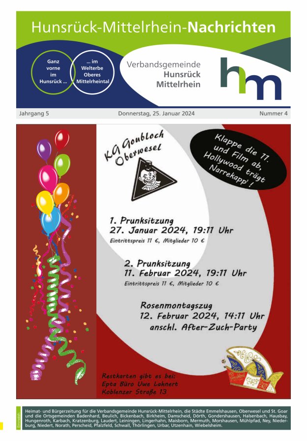 Hunsrück-Mittelrhein Nachrichten Ausgabe Emmelshausen Titelblatt 04/2024