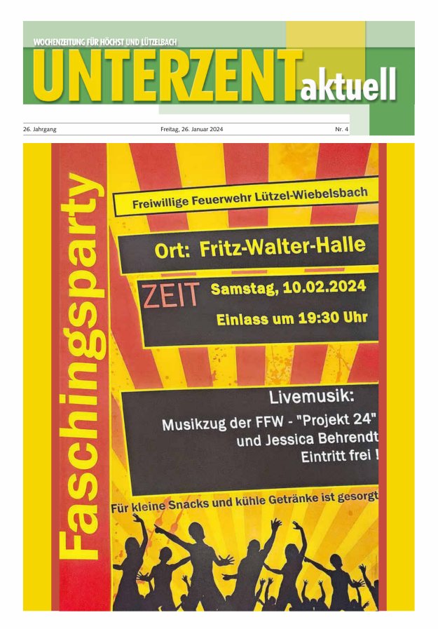 Unterzent aktuell Wochenzeitung für Höchst und Lützelbach Titelblatt 04/2024