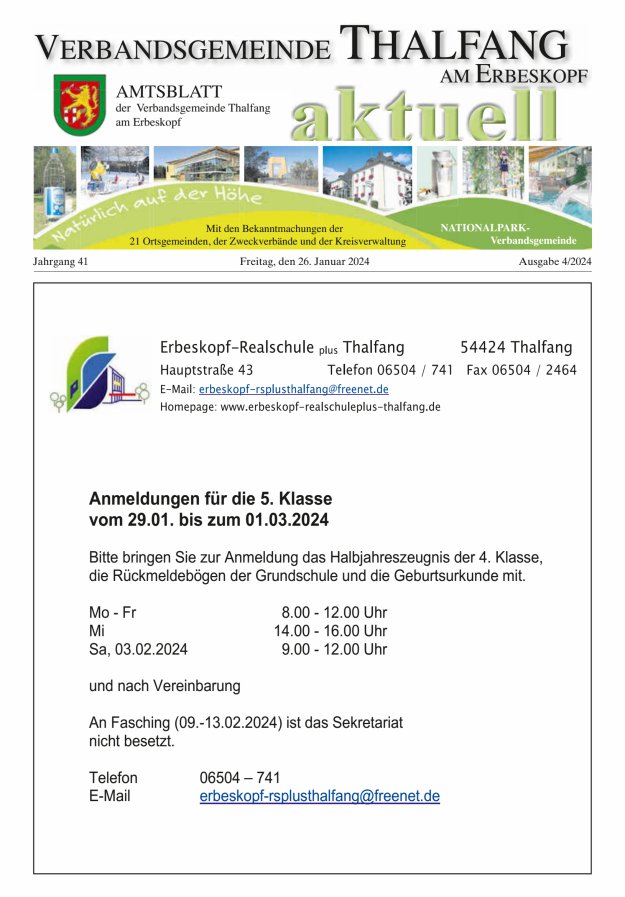 Thalfang aktuell - Amtsblatt VG Thalfang Titelblatt 04/2024