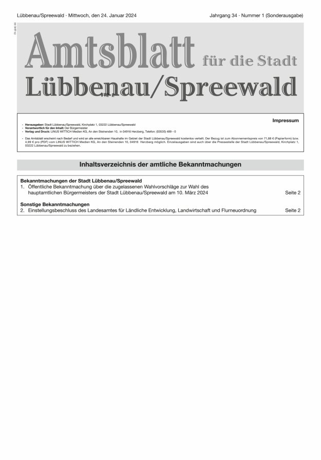 Lübbenauer Stadtnachrichten – Amtsblatt für die Stadt Lübbenau/Spreewald Titelblatt 02/2024