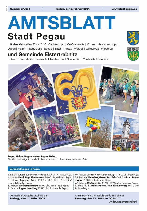 Amtsblatt Stadt Pegau und Gemeinde Elstertrebnitz  Titelblatt 02/2024