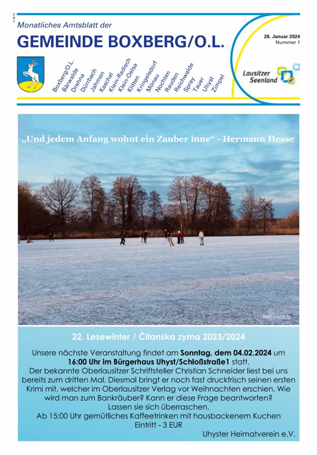 Monatliches Amtsblatt der Gemeinde Boxberg/O.L. Titelblatt 01/2024