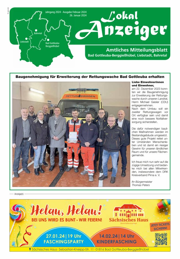 Lokal-Anzeiger - Amtliches Mitteilungsblatt Bad Gottleuba-Berggießhübel, Liebstadt, Bahretal Titelblatt 01/2024