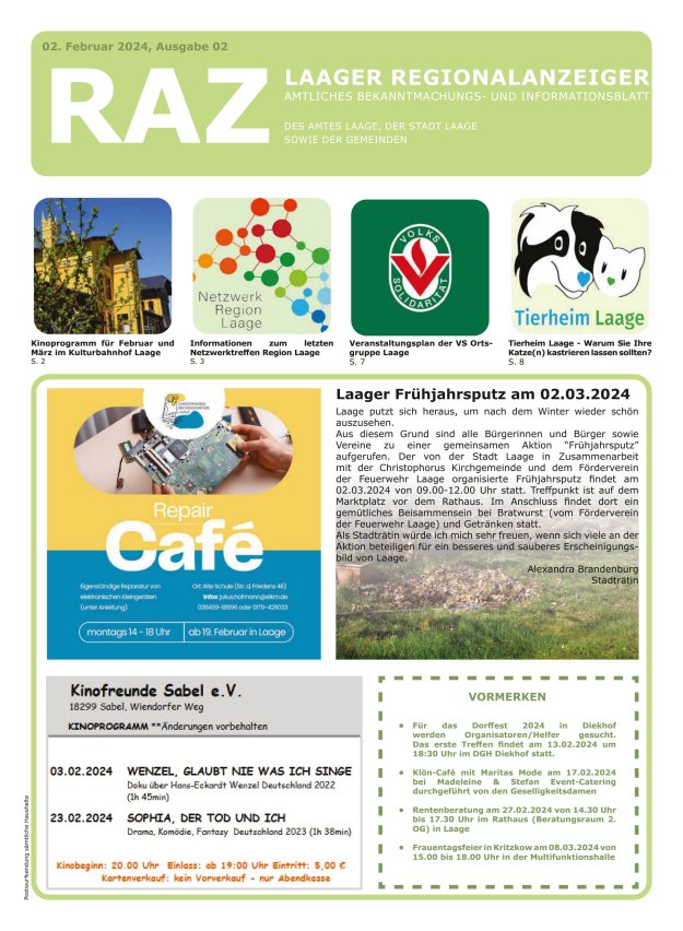Laager Regionalanzeiger Titelblatt 02/2024