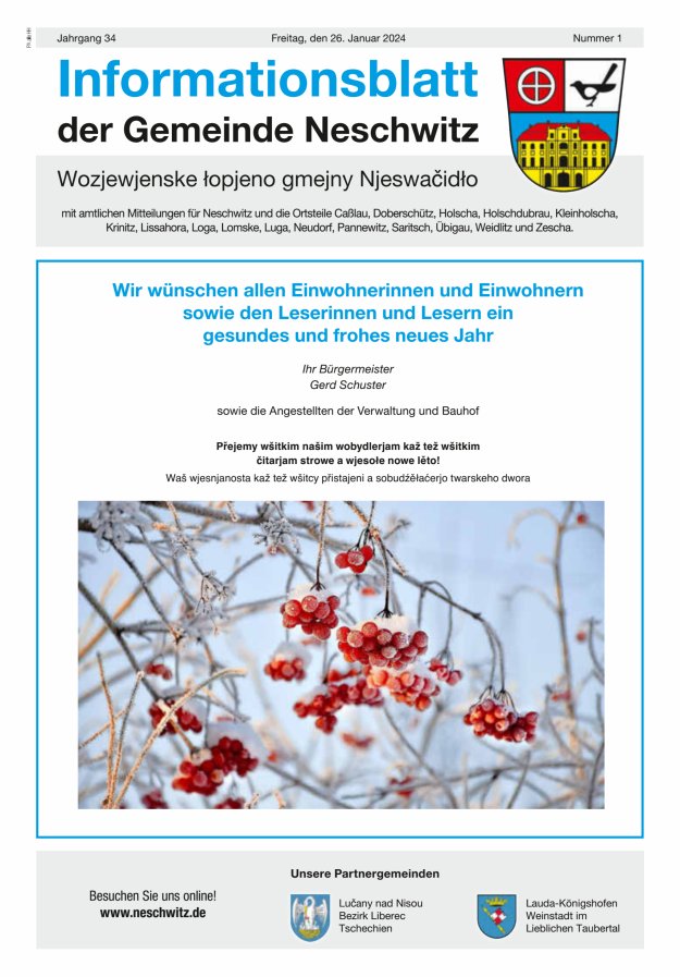 Informationsblatt der Gemeinde Neschwitz mit amtlichen Mitteilungen Titelblatt 01/2024
