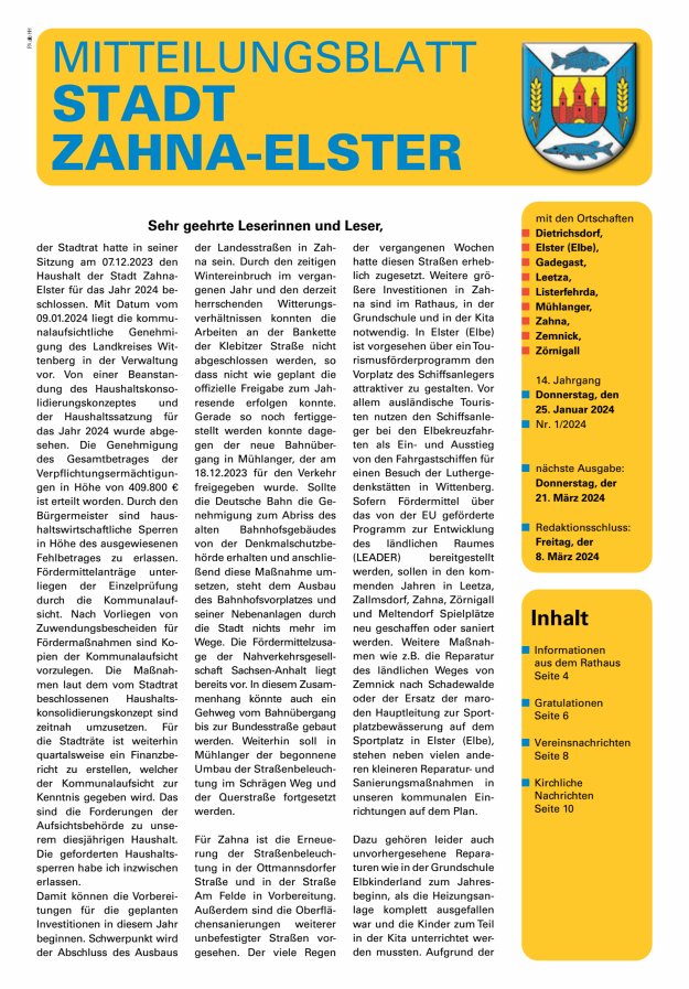 Mitteilungsblatt Stadt Zahna-Elster mit den Ortschaften Titelblatt 01/2024