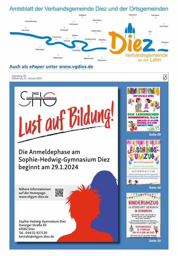 Mitteilungsblatt der Verbandsgemeinde Diez und der Ortsgemeinden Titelblatt 05/2024