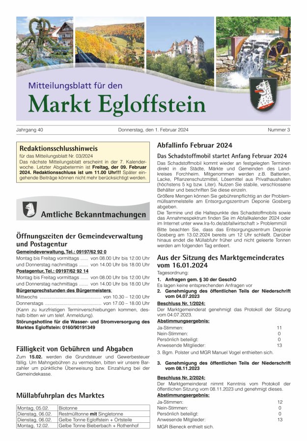 Mitteilungsblatt für den Markt Egloffstein Titelblatt 03/2024