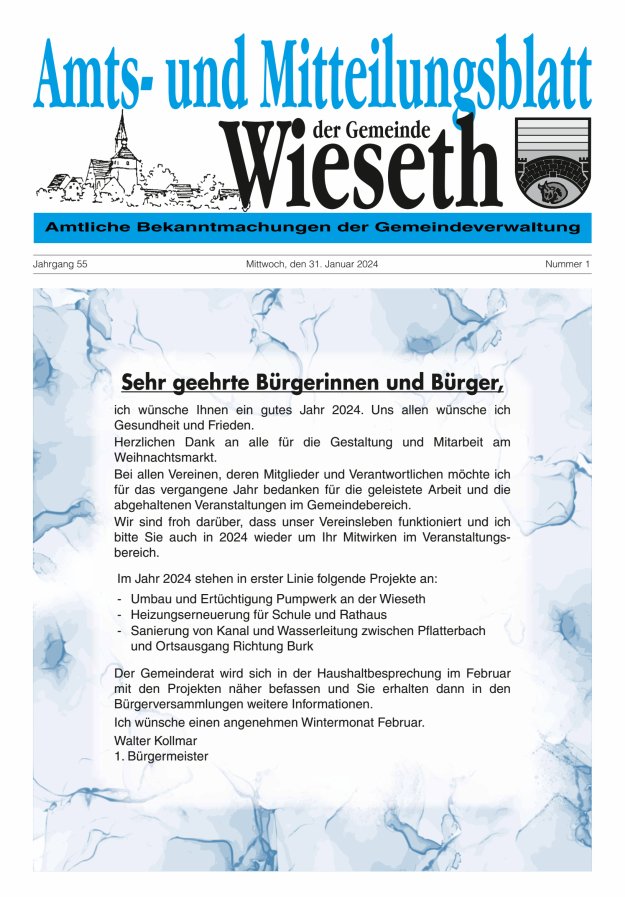 Amts- und Mitteilungsblatt der Gemeinde Wieseth Titelblatt 01/2024