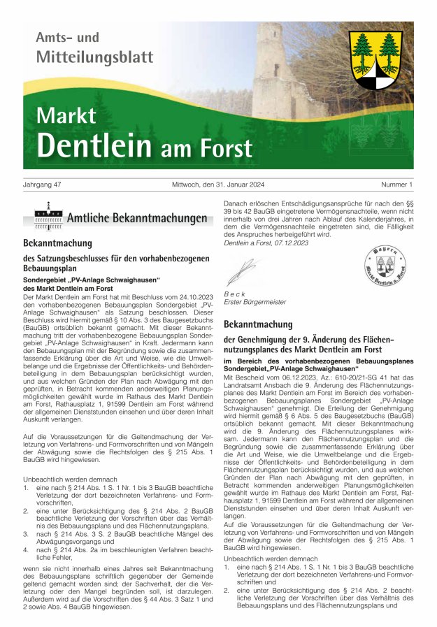 Amts- und Mitteilungsblatt Markt Dentlein am Forst Titelblatt 01/2024
