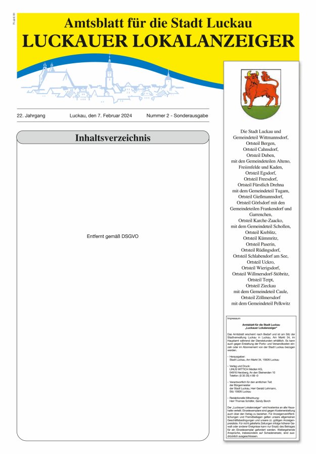Luckauer Lokalanzeiger (beiliegend Amtsblatt für die Stadt Luckau) Titelblatt 02/2024