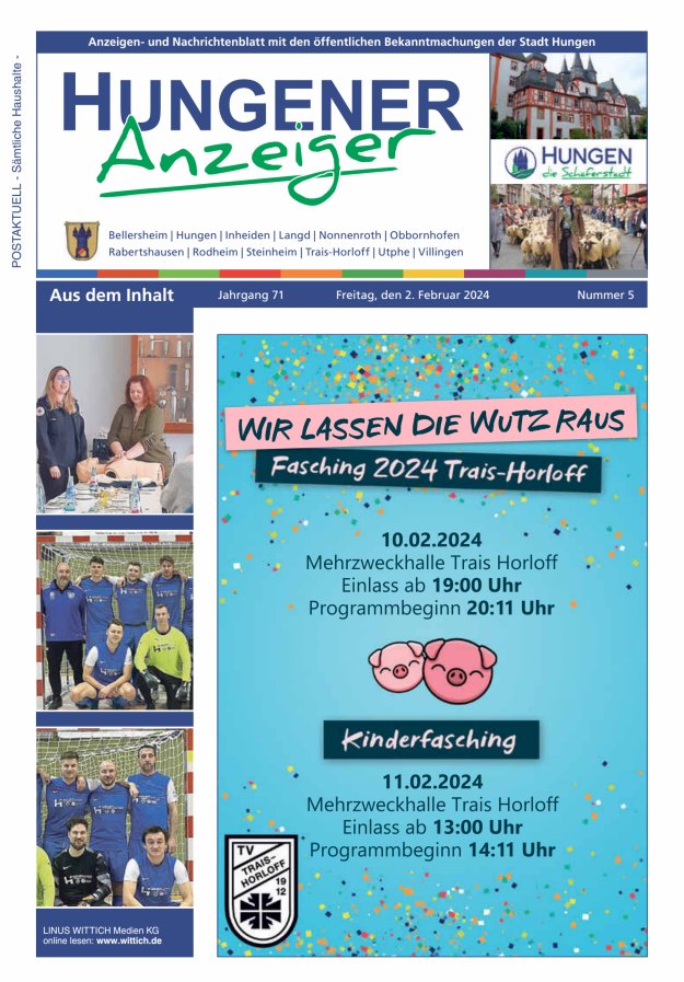 Anzeigen- und Nachrichtenblatt mit den öff  Bekanntmachungen der Stadt Hungen Titelblatt 05/2024
