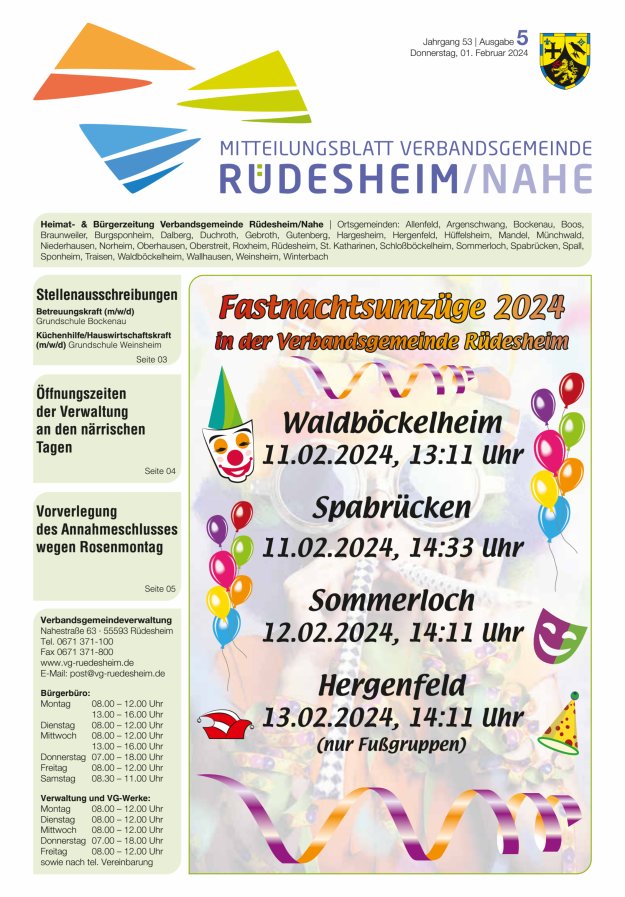 Mitteilungsblatt Verbandsgemeinde Rüdesheim und zugehörige Ortsgemeinden Titelblatt 05/2024