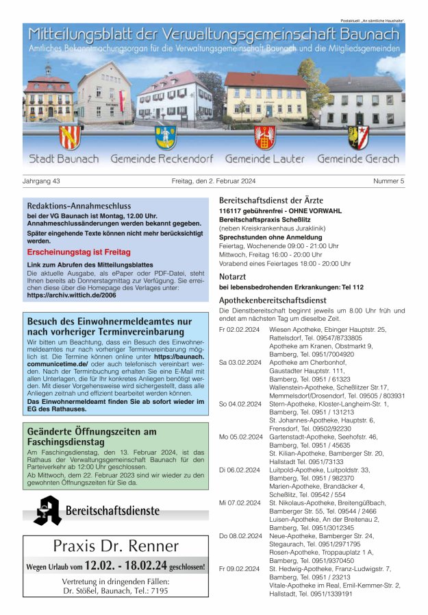 Mitteilungsblatt Verwaltungsgemeinschaft Baunach Titelblatt 05/2024