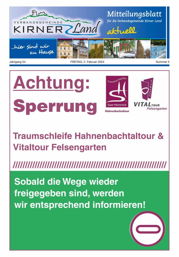 Mitteilungsblatt für den Bereich der Verbandsgemeinde Kirner Land Titelblatt 05/2024