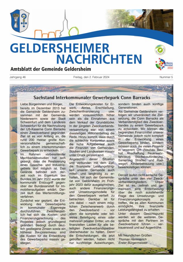 Geldersheimer Nachrichten Amtsblatt der Gemeinde Geldersheim Titelblatt 05/2024