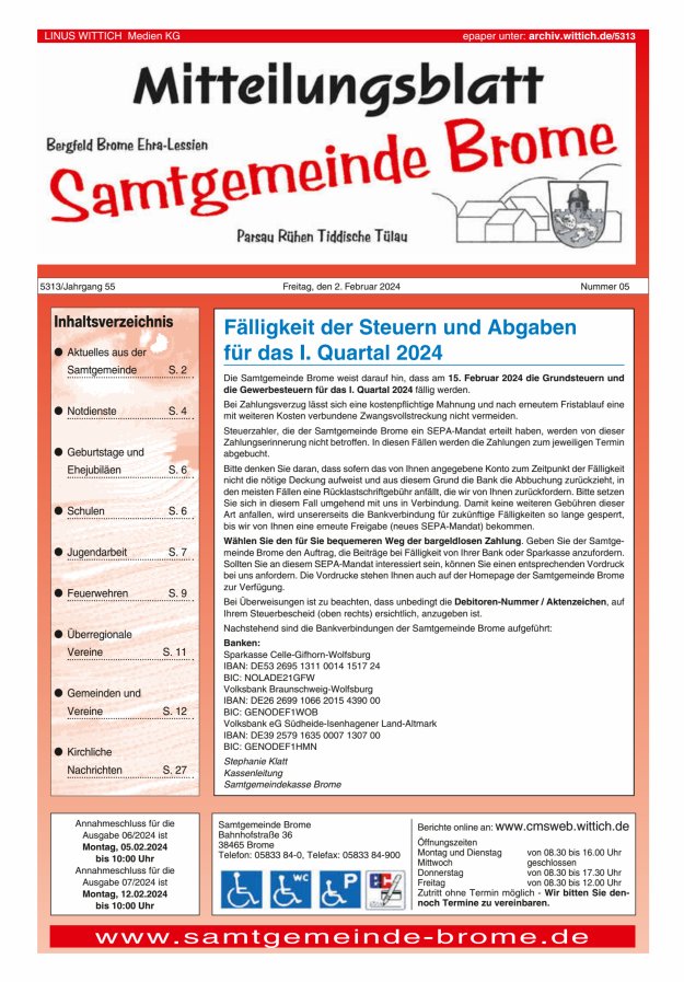 Mitteilungsblatt der Samtgemeinde Brome Titelblatt 05/2024