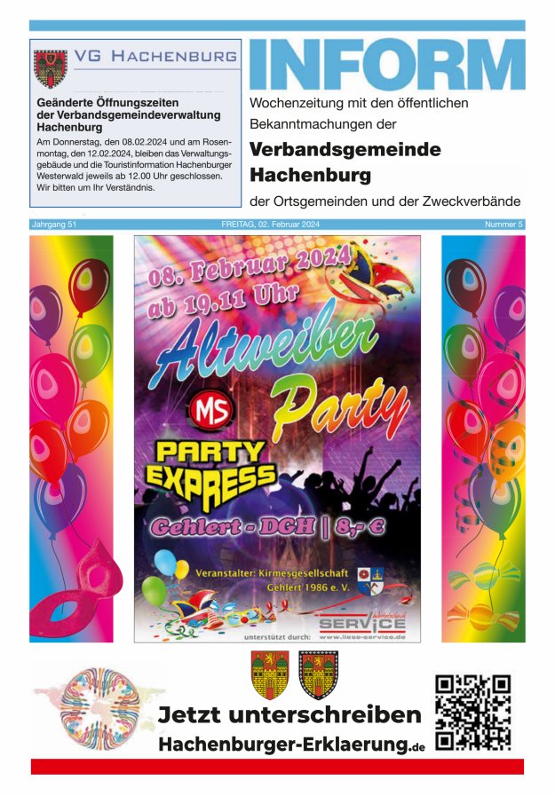 INFORM - Wochenzeitung der Verbandsgemeinde Hachenburg Titelblatt 05/2024